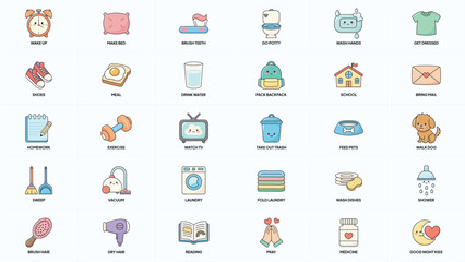 Kids Chores Icons, a minimalist, modern, and cute daily routine clipart set featuring simple task and reward chart stickers perfect for children’s chore charts and organizers.