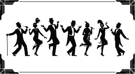 Black silhouettes of flapper dancers and men in top hats dancing and playing music 1920s art deco