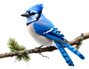  Blue Jay Perched on a Branch, isolated on a transparent background
