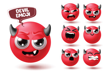 Emoji devil character clipart set. Devil emojis Halloween red characters clip art in cute, mad, happy, shock, creepy and cry emoticon spooky facial expression collection vector illustration.
