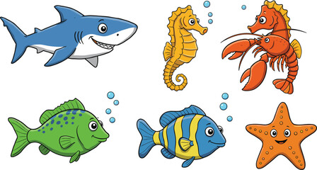 Cartoon blue shark yellow seahorse orange lobster green fish blue fish orange starfish vector