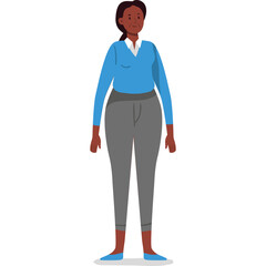 Full Body Portrait of a Black Woman Standing Wearing a Blue V-Neck Sweater and Gray Pants with a White Collar Shirt and Blue Shoes Against a Transparent Background
