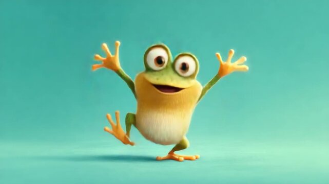 A cartoon frog, vibrant green and yellow, smiles and reaches out with arms. Background is turquoise