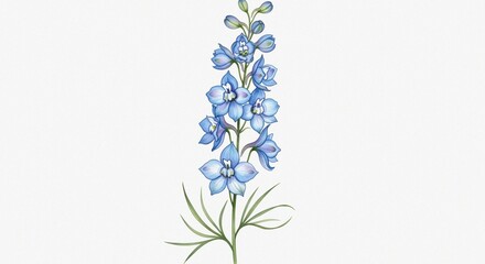 Obraz premium Fine Art Composition Featuring Blue Delphinium and Larkspur Flowers in Watercolor on White Background