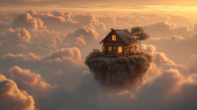 Fantasy sky home surreal architecture in clouds background