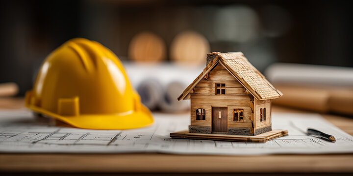 Mini wooden house with yellow construction helmet safety concept