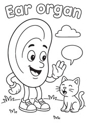 coloring book ear organ talking with cat, adorable friendship scene for children to color