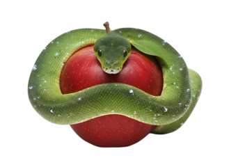 Green Snake Coiled on Red Apple  on white background