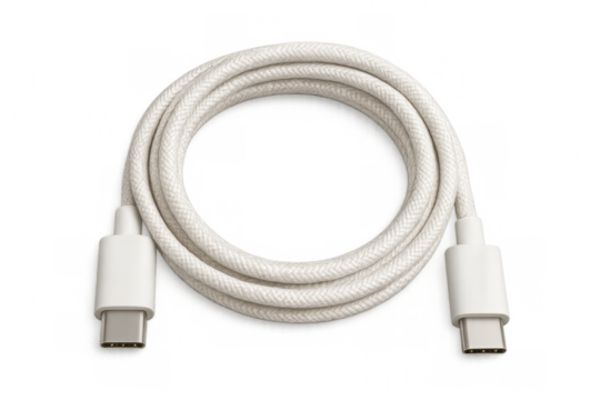 Usb c cable coiled, providing essential connection for charging device and high-speed data transfer, transparent background