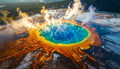 Aerial view of a colorful, geothermal hot spring
