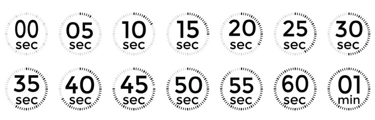 Countdown Timer and Stopwatch Icon Set – Flat Vector Collection of Clocks Showing 5 to 60 Seconds, Minimal Line Art Design for Time and Speed Concepts