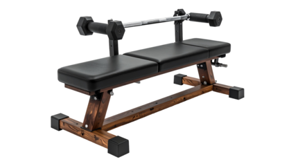 Workout bench with barbell and weights