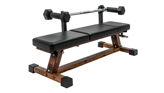 Workout bench with barbell and weights