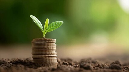 A sprouting plant emerging from a stack of coins on soil.