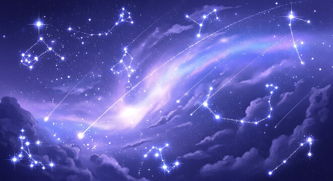 Illustration of various zodiac constellations connected by lines, depicted against a backdrop of a swirling, cloudy, and starry night sky.