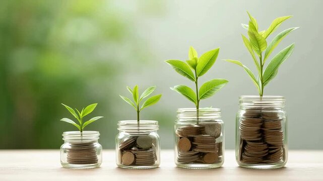 Growing plants in jars filled with coins symbolize financial growth.
