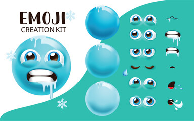 Emoji creation kit cold face clipart set. Emoji face creator editable face clip art with round head, face, eyes, mouth mad chattering teeth facial expression in blue emoticon collection vector 