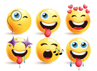 Emoji searching face clipart set. Emoji searching face clip art character with winking, in love, heart, excited, singing, hungry and amaze facial expression yellow cute collection vector illustration.