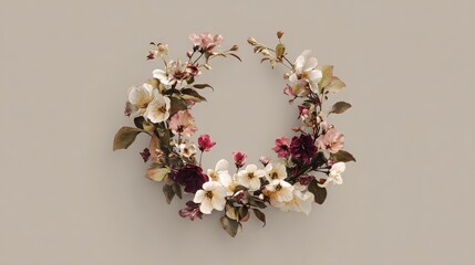 Elegant floral wreath with white pink and burgundy blossoms on beige wall