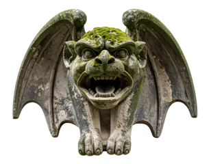 Ancient Romanesque Stone Gargoyle with Open Mouth, Front View, isolated on transparent background