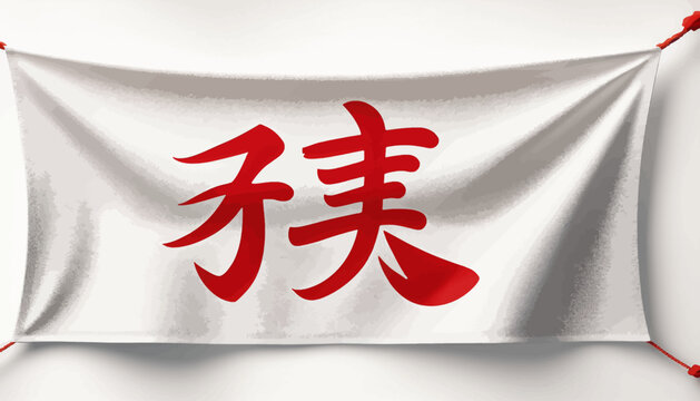 A white banner with a large, stylized red Chinese character displayed prominently in the center.
