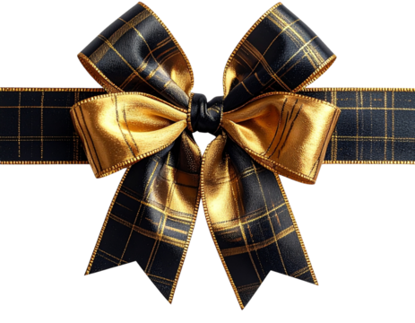  Golden and Black Plaid Ribbon Bow with Elegant Knot, isolated on transparent background 