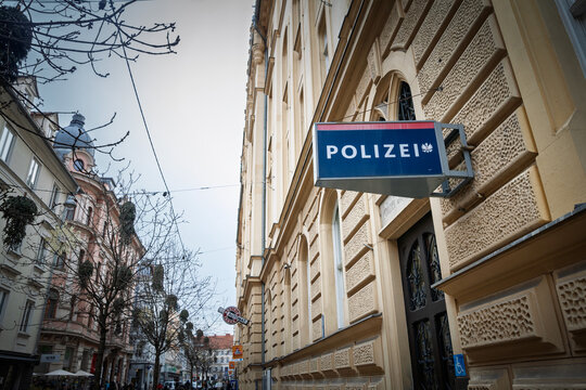 GRAZ, AUSTRIA - DECEMBER 23, 2024: Austrian Bundespolizei police station with a polizei sign in Graz, Austria. The Austrian Federal Police is the main police force in Austria.