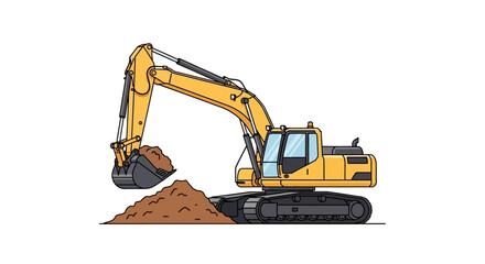Yellow excavator with raised arm bucket filled with dirt near a pile on a white background