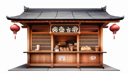 A traditional Asian wooden food stall with a tiled roof, red lanterns, and snacks on display.
