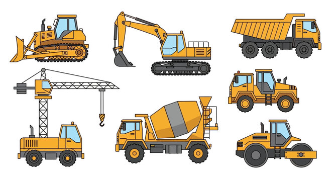 Yellow construction vehicles a bulldozer excavator dumper crane mixer roller on a white background