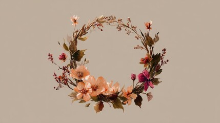 Elegant floral wreath with peach and purple flowers on a neutral background