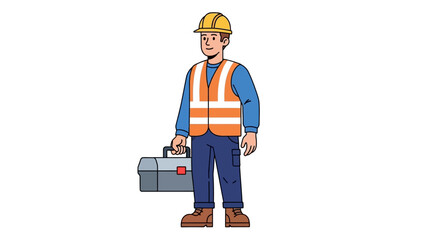 A construction worker with a hard hat and vest holding a toolbox