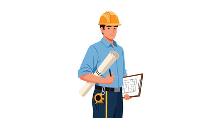 A man wearing a hardhat holding blueprints and a clipboard with building plans