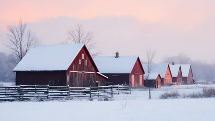 Serene Winter Barns at Sunrise with Snowfall. - Powered by Adobe