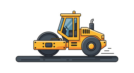 A yellow road roller on a dark gray road with a smokestack and multiple windows