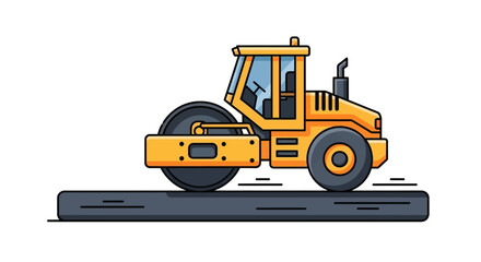 A yellow road roller compacts asphalt on a freshly paved black surface