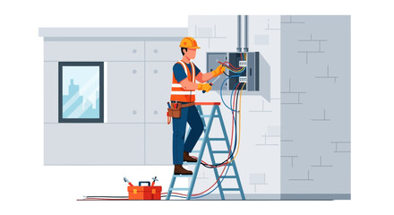 An electrician in safety gear works on wires on a ladder near a toolbox