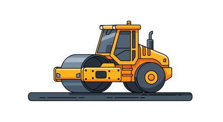 An orange road roller with gray wheels sits on a gray line on a white background