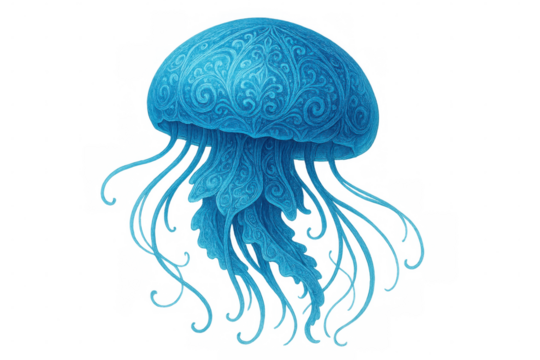 Blue ornate jellyfish swimming, intricate sea creature design, fantasy marine animal with flowing tentacles, transparent background - Powered by Adobe