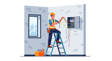 Cartoon electrician clad in PPE atop a ladder handles wiring in a room with a window and toolbox