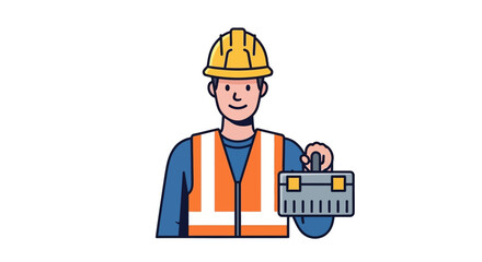 Cartoon tradesman with yellow helmet and toolbox wearing safety vest