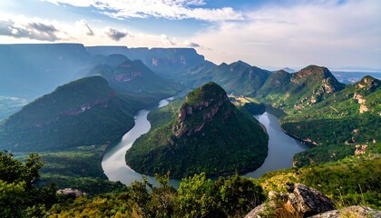 Panoramic vista of a winding river canyon. Lush green valley, dramatic peaks
