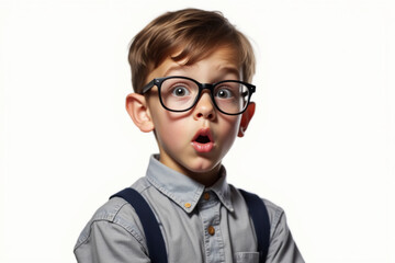Surprised smart boy in big glasses staring at the camera. Education. Studio shot. Isolated over white.