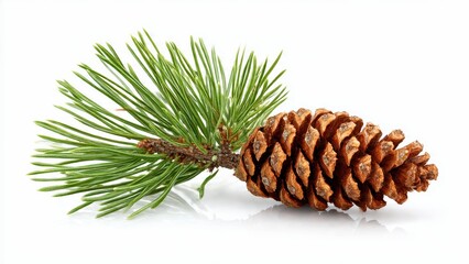 Fototapeta premium Brown pine cone resting on a green pine branch with white background evergreen