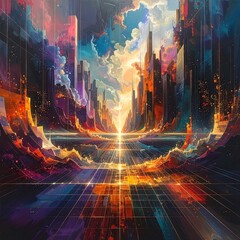 An abstract urban landscape with a vibrant, colorful perspective