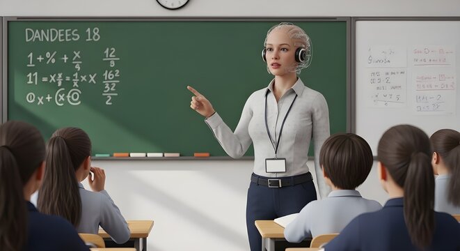 3D render of a humanoid robot teacher wearing a headset, teaching mathematics to students in uniforms inside a classroom with chalkboard and equations. Represents AI in education.