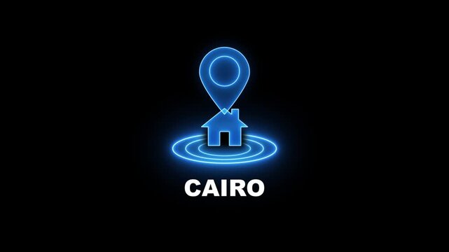 Blue neon glowing map pin icon with house symbol and concentric circles over black background with CAIRO text