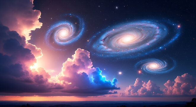 A breathtaking cosmic vista unfolds with swirling galaxies set against a backdrop of dramatic, illuminated clouds at twilight.