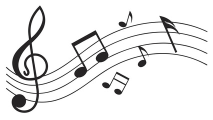 A black and white illustration of a flowing musical staff with a treble clef and various notes. © Yakub Dhali