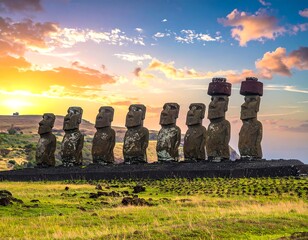 An array of ancient stone statues stands on a grassy mound